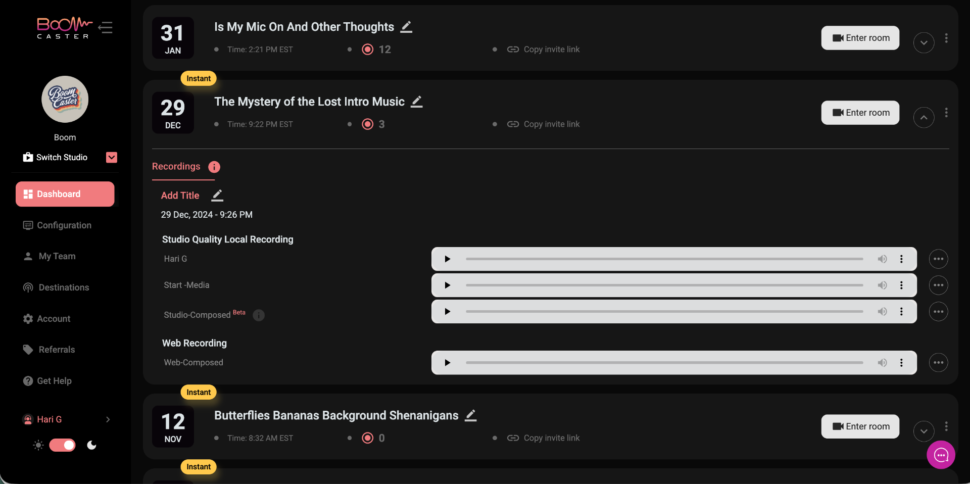 Boomcaster automatic post-production dashboard